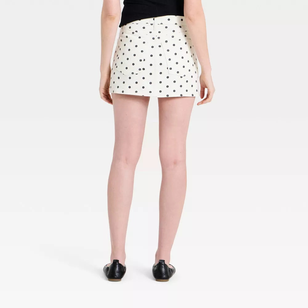Polka Dot Denim Mid Rise Mini Skirt