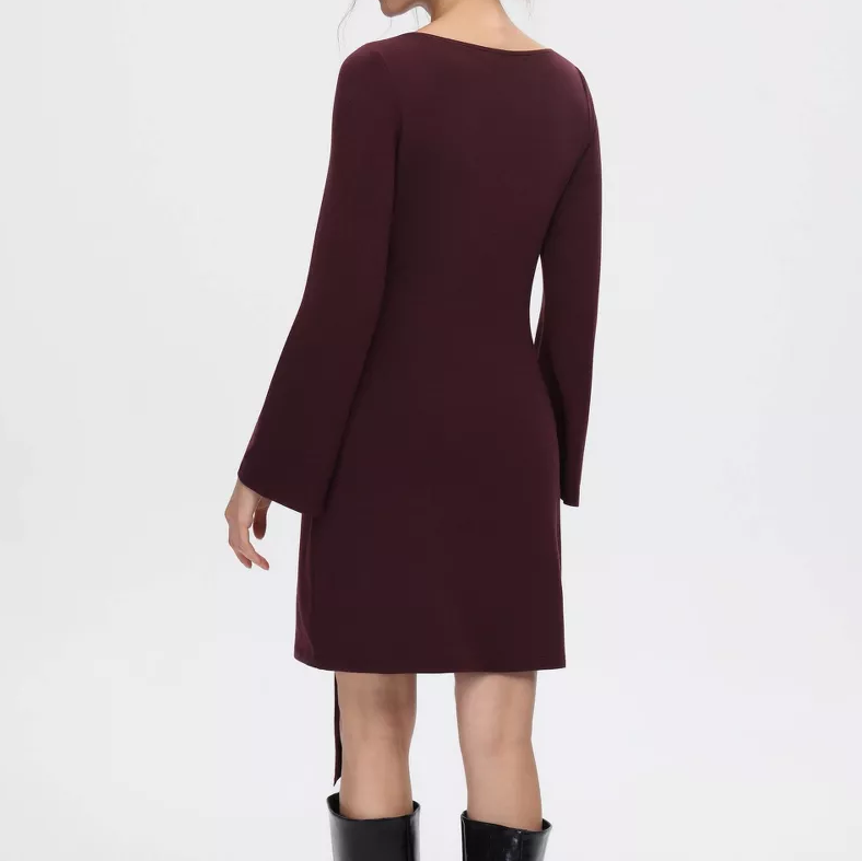 Boat Neck Bell Sleeve Knit Mini Dress with Waist Tie