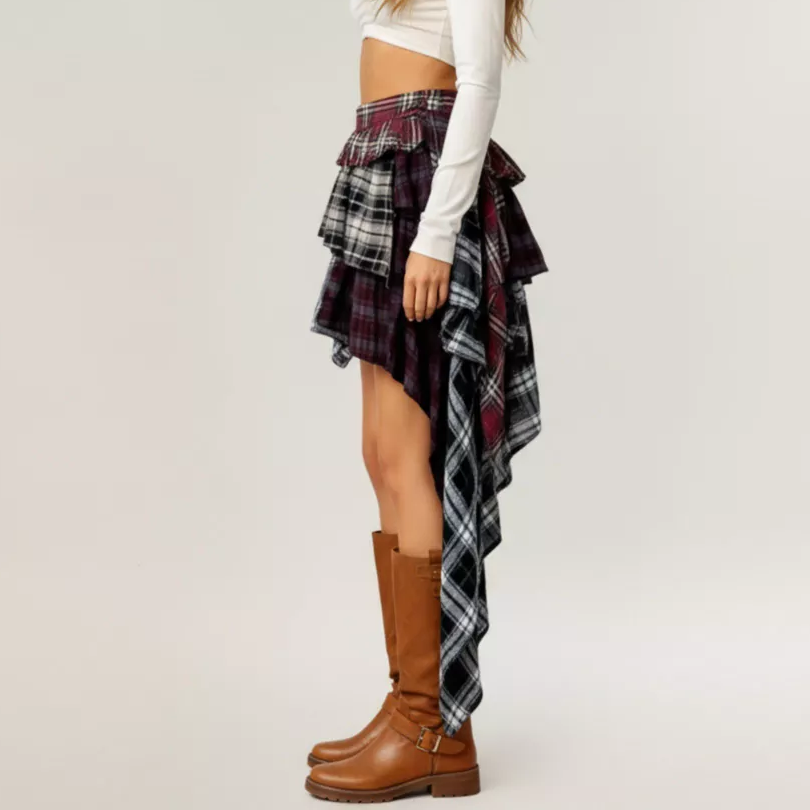 Asymmetric Plaid Mini Skirt with Layered Ruffle