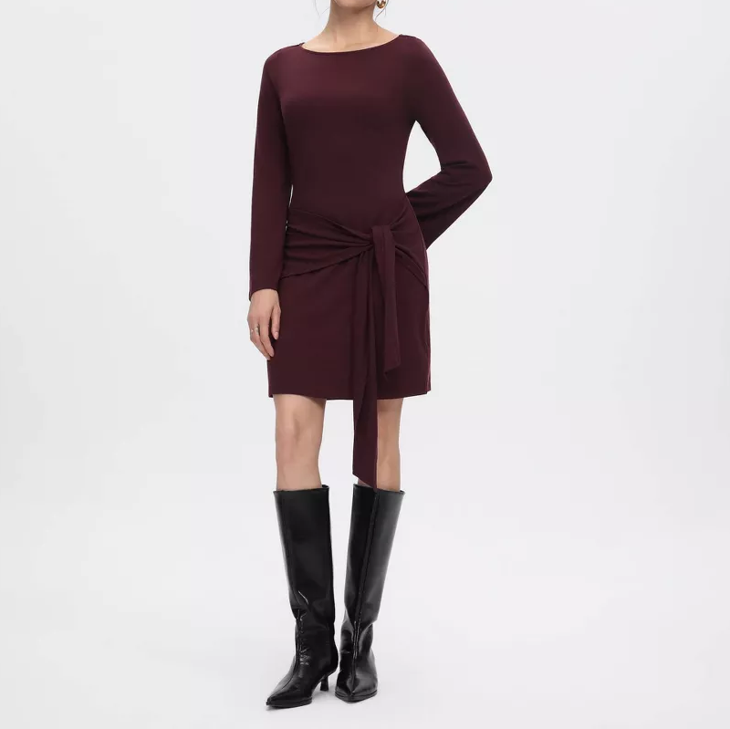 Boat Neck Bell Sleeve Knit Mini Dress with Waist Tie