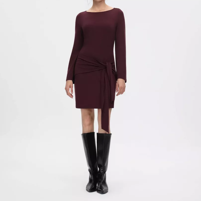 Boat Neck Bell Sleeve Knit Mini Dress with Waist Tie