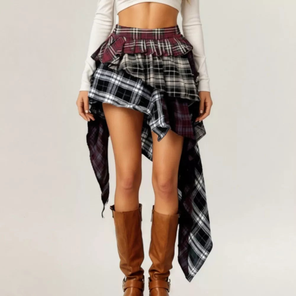 Asymmetric Plaid Mini Skirt with Layered Ruffle
