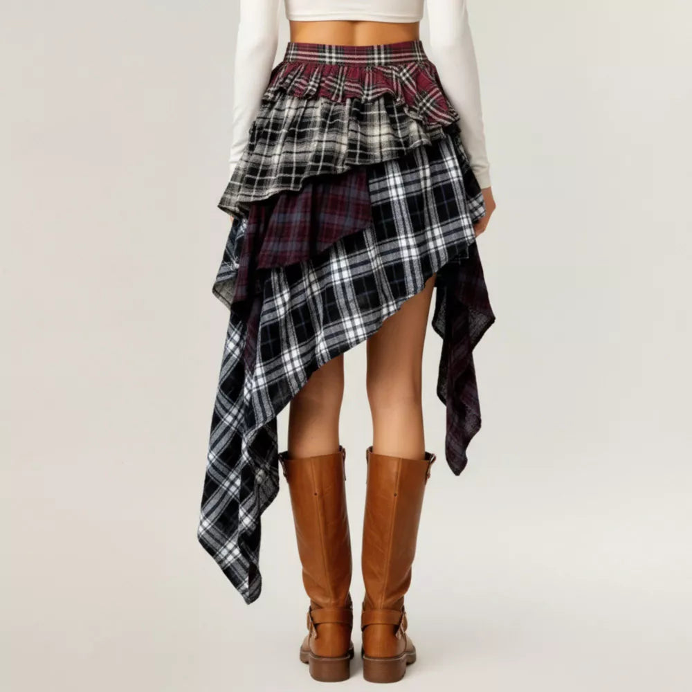 Asymmetric Plaid Mini Skirt with Layered Ruffle