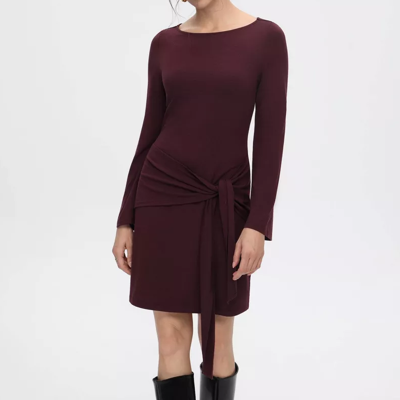 Boat Neck Bell Sleeve Knit Mini Dress with Waist Tie